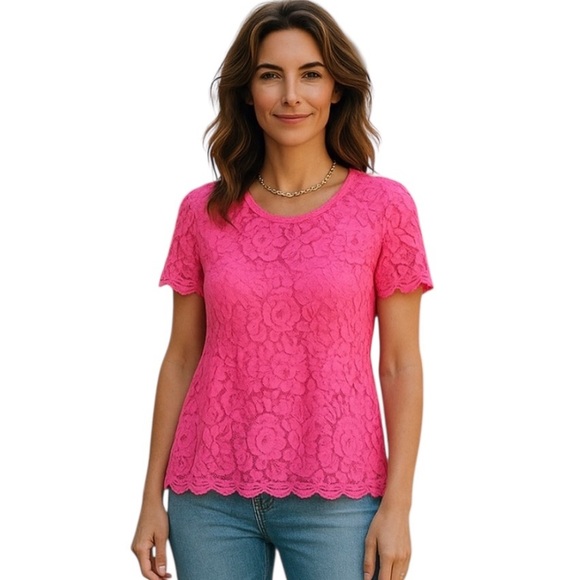 Isaac Mizrahi Tops - 2/30 New! ISAAC MIZRAHI LIVE! Top Pink Crochet Floral High Quality  Size L
